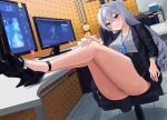  1girl absurdres aircell benghuai_xueyuan black_footwear black_jacket black_skirt breasts bronya_zaychik business_suit chair clothes_lift computer feet feet_on_table feet_together feet_up formal green_panties grey_hair high_heels highres honkai_(series) honkai_impact_3rd indoors jacket large_breasts long_hair monitor office office_chair office_lady on_chair open_clothes open_jacket panties ponytail sitting skirt skirt_lift suit sweat sweater thong underwear upskirt white_sweater 