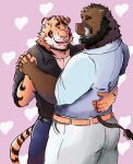  &lt;3 2021 absurd_res anthro bottomwear brown_body brown_fur butt clothing duo embrace eyes_closed felid fur hand_holding hi_res hug humanoid_hands kerim_will male male/male mammal pantherine pants shirt slightly_chubby suid suina sus_(pig) tiger topwear wild_boar 