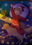  1boy child closed_eyes commentary dog english_commentary gift hat lying noeyebrow_(mauve) on_back open_mouth original pajamas santa_hat sleeping white_legwear 