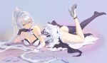  1girl blue_eyes breasts cleavage detached_collar dress gloves hair_ornament high_heels honkai_(series) honkai_impact_3rd kiana_kaslana lying on_stomach ponytail shattered shoes single_shoe single_thighhigh solo taichi_(yirkorn) thighhighs tied_hair white_hair 