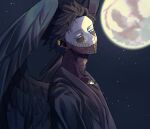  alternate_universe bell_mha black_hair black_jacket black_shirt black_wings blue_eyes boku_no_hero_academia burn_scar dabi_(boku_no_hero_academia) ear_piercing full_moon highres jacket moon night night_sky piercing scar shirt short_hair sky stapled wings 