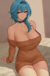  1girl absurdres bare_shoulders blue_hair breasts choker cleavage eula_(genshin_impact) genshin_impact hairband highres large_breasts legs_together low-cut seductive_smile sitting smile solo sweater thick_thighs thighs yellow_eyes zaphn 