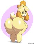  2021 absurd_res animal_crossing anthro barely_visible_nipples big_breasts big_butt blush breasts butt canid canine canis domestic_dog female fur hi_res huge_breasts huge_butt isabelle_(animal_crossing) looking_back mammal nintendo nipples nude orange_body orange_fur short_stack side_boob simple_background solo thick_thighs ultrastax video_games white_body white_fur yellow_body yellow_fur 