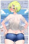  1girl amagami_sora bareteru!_cocktail_night blonde_hair blue_shorts blush butt_crack fang green_eyes hair_between_eyes hair_ornament hands_on_hips highres innertube looking_back open_mouth see-through see-through_shirt shiny shiny_clothes shiny_hair shiny_skin shirt short_shorts shorts skin_fang smile solo_focus starfish takayama_toshinori wet wet_clothes wet_hair wet_shirt wet_shorts white_shirt 