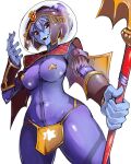  1girl armlet armor bat_wings bikkuriman blue_skin bodysuit breasts colored_skin demon_girl fangs hair_bun headdress highres holding holding_staff loincloth open_mouth orange_loincloth pauldrons purple_bodysuit purple_hair red_eyes satan_maria shoulder_armor simple_background smile solo space_helmet spiked_armlet staff takayama_toshinori vambraces white_background wings zipper zipper_pull_tab 