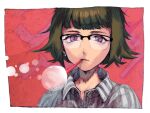  1girl border bubble bubble_blowing buttons closed_mouth commentary_request glasses green_hair katsuoboshi looking_at_viewer original partial_commentary purple_eyes red_background shirt short_hair solo striped striped_shirt upper_body white_border 