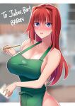  1girl aozaki_aoko apron blue_eyes blush breasts cleavage collarbone commentary_request cup disposable_cup english_text eyebrows_visible_through_hair green_apron hair_between_eyes hair_intakes holding holding_cup holding_pencil iced_latte_with_breast_milk_(meme) lips long_hair looking_at_viewer meme naked_apron parted_lips pencil pink_lips red_hair sidelocks solo starbucks tsukihime upper_body webslinger 