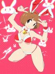  1girl absurdres aetherion animal_ears bell bikini brown_hair christmas chromatic_aberration closed_mouth double_v fake_animal_ears full_body highres kill_la_kill kneeling mankanshoku_mako navel neck_bell pink_background rabbit_ears red_bikini santa_bikini short_hair smile solo swimsuit v 