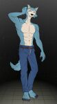  5_toes abs anthro barefoot beastars bottomwear canid canine canis claws clothing darkajugin denim denim_clothing feet hi_res jeans legoshi_(beastars) male mammal pants scar shirtless_male solo toes wolf 