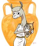  2021 3_fingers ancient_greece anthro black_eyes camelid clothing digital_drawing_(artwork) digital_media_(artwork) ears_up fingers fur hooved_fingers hooves llama looking_at_object male mammal photo_background playing_lyre signature solo solo_focus standing tan_body tan_fur toga zigmenthotep 