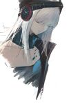  1girl absurdres arknights bangs bare_shoulders black_headwear closed_eyes closed_mouth commentary frostleaf_(arknights) headphones highres long_hair mm30212 oripathy_lesion_(arknights) silver_hair simple_background solo white_background 