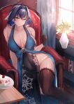  1girl absurdres blue_eyes blue_hair breasts chair cleavage gloves halter_dress halterneck highres hololive hololive_english lace-trimmed_legwear lace_trim large_breasts looking_at_viewer ouro_kronii pelvic_curtain short_hair sitting solo thighhighs virtual_youtuber yujieai 