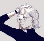  1girl bracelet closed_mouth commentary glasses greyscale hand_on_head jewelry katsuoboshi long_sleeves monochrome original piercing_hole short_hair solo sweater turtleneck turtleneck_sweater upper_body 