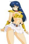  1980s_(style) 1girl armor asou_yuuko bangs bikini_armor blue_eyes blue_hair breasts cleavage collarbone commentary_request cowboy_shot eyelashes gold_armor highres long_hair medium_breasts midriff mugen_senshi_valis navel oggy open_mouth panties pantyshot red_ribbon retro_artstyle ribbon shoulder_pads skirt stomach sword transparent_background underwear valis vambraces weapon white_panties white_skirt 