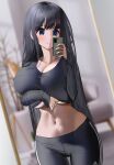  1girl absurdres adidas black_hair blue_eyes blush breasts cellphone cleavage commentary_request eyebrows_visible_through_hair hair_between_eyes highres huge_breasts large_breasts long_hair mirror mirror_image navel nicorima original phone selfie sleeves_past_wrists smartphone stomach 