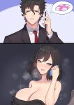  1girl 2boys absurdres band-width black_dress black_hair black_suit blue_eyes breasts cheating dress formal gift highres implied_sex jewelry large_breasts motion_lines multiple_boys necktie open_mouth original phone red_necktie ring speech_bubble suit wedding_band 