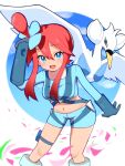  1girl bangs blue_eyes blue_gloves blue_jacket blue_shorts blush commentary cropped_jacket eyelashes gloves hair_between_eyes hair_ornament hand_up highres jacket knees navel nuneno one_side_up open_mouth pokemon pokemon_(creature) pokemon_(game) pokemon_bw red_hair short_hair_with_long_locks short_shorts shorts sidelocks skyla_(pokemon) smile swanna teeth thigh_pouch tied_hair tongue turtleneck upper_teeth 