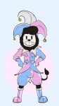  2019 anthro bell blue_clothing bulge clothed clothing digital_drawing_(artwork) digital_media_(artwork) felid fool&#039;s_hat glistening gloves handwear hat headgear headwear jester jingle_bell lion looking_at_viewer male mammal multicolored_clothing multicolored_hat ozzy9 pantherine pink_clothing rozzy_the_inkblot_toon rubber simple_background smile solo toony white_clothing 