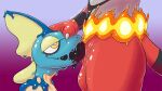  2021 absurd_res ambiguous_gender anthro balls blue_body claws digital_drawing_(artwork) digital_media_(artwork) duo felid fellatio genitals gradient_background hi_res human human_to_anthro incineroar inteleon male male/ambiguous mammal nintendo nude oral penile penis pok&eacute;mon pok&eacute;mon_(species) red_body reeseikena_(artist) reptile scalie sex simple_background species_transformation submissive transformation video_games 