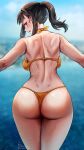  1girl ass backboob bangs bare_shoulders bikini blurry blurry_background breasts commentary cowboy_shot day dimples_of_venus en&#039;en_no_shouboutai foxyreine from_behind highres looking_at_viewer looking_back maki_oze nape open_mouth orange_bikini outdoors patreon_logo patreon_username ponytail profile purple_eyes shoulder_blades smile solo swimsuit thighs toned water web_address wet wide_hips 
