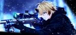  1boy aiming bangs black_gloves black_jacket blonde_hair blue_eyes brown_hair chung_seiker elsword eyebrows_visible_through_hair fatal_phantom_(elsword) fractalmagnolia from_side gloves gun hair_between_eyes highres holding holding_gun holding_weapon hood hood_down hooded_jacket ice ice_cube jacket long_sleeves male_focus mouth_hold multicolored_hair outdoors profile rifle sniper sniper_rifle snowing solo upper_body weapon 