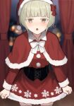  1boy bangs blunt_bangs blurry blurry_background blush bow bowtie brown_eyes capelet cowboy_shot crossdressing dress hat long_sleeves looking_at_viewer male_focus open_mouth original otoko_no_ko red_dress santa_costume santa_hat snowflake_print solo sunaba_(nczd5875) 