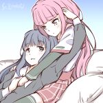  2girls artist_name blue_eyes blue_hair blush hand_in_another&#039;s_hair holding_hands hug hug_from_behind long_hair magia_record:_mahou_shoujo_madoka_magica_gaiden mahou_shoujo_madoka_magica multiple_girls nanami_yachiyo on_bed pink_eyes pink_hair school_uniform serafuku sitting studiozombie tamaki_iroha yuri 