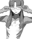  1girl adjusting_eyewear breasts commentary_request eyebrows_visible_through_hair glasses greyscale katsuoboshi long_hair looking_at_viewer makinami_mari_illustrious monochrome neon_genesis_evangelion open_mouth plugsuit rebuild_of_evangelion skin_tight small_breasts smile solo upper_body 