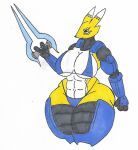  3_fingers abs anthro armor bandai_namco bikini bikini_armor bikini_bottom bikini_top black_nose black_sclera blue_eyes canid canine clothed clothing digimon digimon_(species) energy_sword female fingers fox fur gauntlets gloves handwear holding_object holding_weapon legwear mammal melee_weapon multicolored_body multicolored_fur muscular muscular_anthro muscular_female muscular_thighs nipple_outline plasma r0acha_(artist) renamon simple_background skimpy solo spartan_(halo) swimwear sword thick_thighs thigh_highs thong unconventional_clothing unconvincing_armor underwear weapon white_background white_body white_fur wide_hips yellow_body yellow_fur 