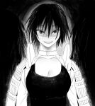  1girl black_background black_hair breasts cleavage collarbone fumetsu_no_anata_e greyscale hair_between_eyes hayase_(fumetsu_no_anata_e) highres looking_at_viewer mabelmine monochrome open_mouth short_hair smile solo straight-on upper_body 