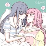  2girls artist_name blue_hair blush eye_contact hand_on_another&#039;s_chest heart long_hair looking_at_another lying magia_record:_mahou_shoujo_madoka_magica_gaiden mahou_shoujo_madoka_magica multiple_girls nanami_yachiyo on_back pajamas pink_hair side-by-side spoken_heart studiozombie tamaki_iroha under_covers upper_body yuri 