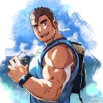  1boy bag bara beach blue_eyes blue_tank_top brown_hair facial_hair male_focus mature_male muscular muscular_male onionworkshop open_mouth original short_hair smile solo spiked_hair stubble sweat sweatdrop tank_top wet 