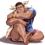  1boy animal_ears bara bird_ears black_hair blue_shirt dark-skinned_male dark_skin feet head_wings hermes_(housamo) highres kizami_nori_to_yamaimo male_focus muscular muscular_male official_alternate_costume pink_shorts shirt shorts sitting soles solo toes tokyo_afterschool_summoners 