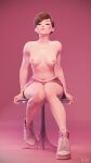  1girl 3d absurdres artist_name bare_legs breasts brown_eyes brown_hair commentary d.va_(overwatch) english_commentary facial_mark full_body highres knees_together_feet_apart lipstick looking_at_viewer makeup medium_breasts miniskirt navel nipples on_chair overwatch panties pink_background pink_footwear pink_lips pink_skirt pursed_lips shoes short_hair simple_background sitting skirt sneakers solo stomach topless transparent two-tone_footwear underwear whisker_markings white_footwear white_panties yeero 
