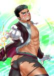  1boy abs ass bandaid bandaid_on_nose bara bare_pectorals black_hair cowboy_shot dark-skinned_male dark_skin facial_hair formal from_behind goatee green_hair incoming_attack kyoichi_(live_a_hero) large_pectorals live_a_hero magatama magatama_necklace male_focus muscular muscular_male nipples no_male_underwear official_alternate_costume pants partially_unbuttoned pectorals pikako182 shiny shiny_skin shirt short_hair sideburns skindentation solo thick_thighs thighs tight tight_pants torn_clothes torn_pants torn_shirt 
