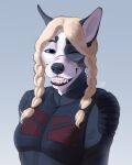  2018 anthro blue_eyes braided_hair breasts canid canine canis clothed clothing digital_media_(artwork) domestic_dog eyebrows eyelashes female hair hi_res looking_at_viewer mammal plgdd smile 