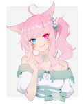  1girl ahoge animal_ears avatar_(ffxiv) bare_shoulders blue_eyes border cat_ears closed_mouth collarbone commentary dress eyebrows_visible_through_hair facial_mark final_fantasy final_fantasy_xiv green_dress green_nails green_ribbon hand_up heterochromia highres long_hair looking_at_viewer lyra-kotto miqo&#039;te neck_ribbon off-shoulder_dress off_shoulder pink_eyes pink_hair ribbon side_ponytail smile solo two-tone_dress upper_body whisker_markings white_border white_dress 