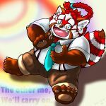  2021 absurd_res ailurid anthro belly bottomwear clothing cute_fangs hi_res humanoid_hands kemono lifewonders male mammal necktie nigauritaruto overweight overweight_male pants red_body red_panda shirt sitting solo suspenders tokyo_afterschool_summoners topwear video_games white_body zhurong_(tas) 