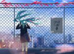  1girl ao_fujimori aqua_hair aqua_necktie arms_up arrow_(symbol) backlighting bangs black_coat black_legwear blue_hair blue_necktie blue_sky blurry blurry_background chain-link_fence chromatic_aberration cityscape closed_eyes closed_mouth coat day dot_nose english_text facing_viewer feet_out_of_frame fence floating_hair hands_on_headphones hatsune_miku head_down highres kneehighs lens_flare light_particles listening_to_music long_hair long_sleeves multicolored_hair muted_color necktie outdoors popped_collar rooftop scenery sign sky smile solo standing straight-on streaked_hair u_u vocaloid wide_shot wind wing_collar 