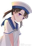  1girl black_hair blue_collar collar dress haruka_faraway716 hat highres kantai_collection one-hour_drawing_challenge purple_eyes sailor_dress sailor_hat short_hair short_sleeves shounan_(kancolle) simple_background solo twintails white_background white_dress white_headwear 