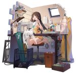  1girl :d brown_eyes brown_hair character_name desk_lamp dress embroidery_hoop fabric frilled_underwear full_body game_cg girls&#039;_frontline girls&#039;_frontline_neural_cloud holding holding_clothes holding_dress indoors lamp looking_at_viewer official_art on_stool qbu-88_(girls&#039;_frontline) recycle_bin scissors sewing sewing_machine shuzi smile spool stool stuffed_animal stuffed_panda stuffed_toy tape_measure thread transparent_background underwear underwear_only white_dress window 