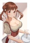  1girl aoi_momiji breasts brown_eyes brown_hair cleavage closed_mouth cocktail_glass collarbone cup dirndl double_bun drinking_glass earrings frills german_clothes hair_ornament highres holding holding_plate houkago_climax_girls_(idolmaster) idolmaster idolmaster_shiny_colors jewelry large_breasts looking_at_viewer maid plate sidelocks simple_background smile solo sonoda_chiyoko tray twintails 
