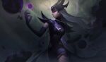  1girl absurdres armor bangs breasts cleavage elbow_gloves energy_ball forehead_protector gloves glowing glowing_eye gradient gradient_background grey_hair hand_up helmet highres large_breasts league_of_legends long_hair parted_lips pauldrons profile purple_eyes shorts shoulder_armor smile solo syndra vincent_t_(oriaarts) 