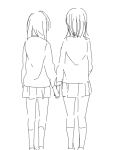  2girls arms_at_sides couple facing_away feet_out_of_frame from_behind greyscale heel_up holding_hands jaggy_line kneehighs long_sleeves medium_hair minimalism miniskirt monochrome multiple_girls namori oekaki original pleated_skirt school_uniform simple_background sketch skirt standing straight_hair tegaki walking white_background yuri 