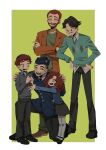  1girl 4boys absurdres beard black_hair blue_eyes brother_and_sister brothers crossed_arms facial_hair father_and_daughter father_and_son goatee green_eyes hat highres ike_broflovski jacket kyle_broflovski military military_hat military_uniform multiple_boys mustache older orange_jacket peaked_cap red_hair short_hair siblings skirt south_park south_park:_post_covid spoilers stan_marsh sweater uniform yamaka 