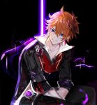  1boy bangs black_background black_pants delusion_(genshin_impact) earrings electricity fractalmagnolia genshin_impact hair_between_eyes jacket jewelry looking_at_viewer male_focus mask mask_on_head orange_hair pants purple_eyes red_scarf scarf simple_background single_earring sitting solo tartaglia_(genshin_impact) 