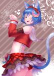  1girl absurdres animal_ears ass blue_eyes blue_hair cat_ears cat_tail crescent crescent_hair_ornament hair_ornament highres looking_at_viewer midriff one_eye_closed open_mouth panties paw_pose pointy_ears red_panties rena_lanford short_hair skirt smile solo star_ocean star_ocean_anamnesis star_ocean_the_second_story tail underwear yu_mochi_(kamiinu) 