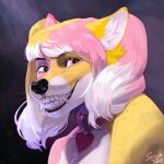  2018 anthro black_lips black_nose breasts canid canine canis collar digital_media_(artwork) domestic_dog eyebrows eyelashes female hair hi_res lips mammal pink_eyes pink_hair plgdd smile solo white_hair 