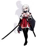  1girl black_footwear boots breasts cleavage detached_sleeves full_body ghost hair_ornament hair_over_one_eye hairclip high_heel_boots high_heels holding holding_sword holding_weapon japanese_clothes katana large_breasts null_(nyanpyoun) original panties pointy_ears red_eyes red_skirt scarf silver_hair skirt standing string_panties sword thigh_boots thighhighs underwear weapon white_panties 
