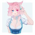 1girl animal_ears apron avatar_(ffxiv) blue_apron blue_eyes blue_nails blue_ribbon braid breasts cat_ears cleavage collarbone commentary eyebrows_visible_through_hair facial_mark final_fantasy final_fantasy_xiv flower hair_flower hair_ornament hand_in_hair hand_up heterochromia highres lips looking_at_viewer lyra-kotto medium_breasts medium_hair miqo&#039;te neck_ribbon parted_lips pink_eyes pink_hair ribbon shirt short_sleeves side_braid single_braid solo upper_body whisker_markings white_flower white_shirt 